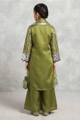 Kids 3 Piece Stitch Silk Suit with Palazzo & Potli Bag - C-Green