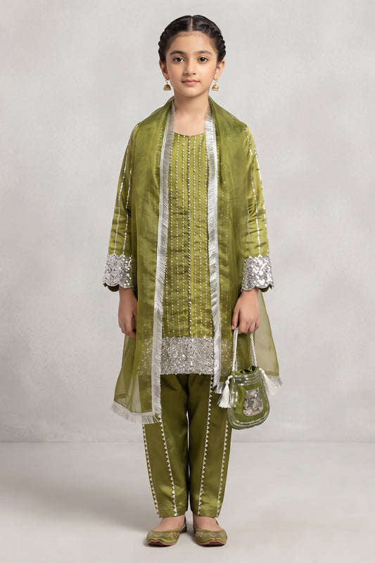Kids 3 Piece Stitch Silk Suit with Palazzo & Potli Bag - C-Green