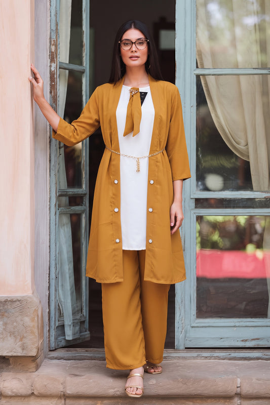 Stitch 2 Piece Chiffon Layered Kurti Suit Long Jacket - Mustard