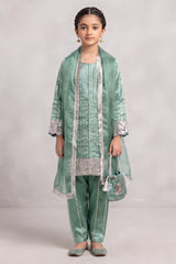 Kids 3 Piece Stitch Silk Suit with Palazzo & Potli Bag - Olive Green