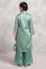 Kids 3 Piece Stitch Silk Suit with Palazzo & Potli Bag - Olive Green