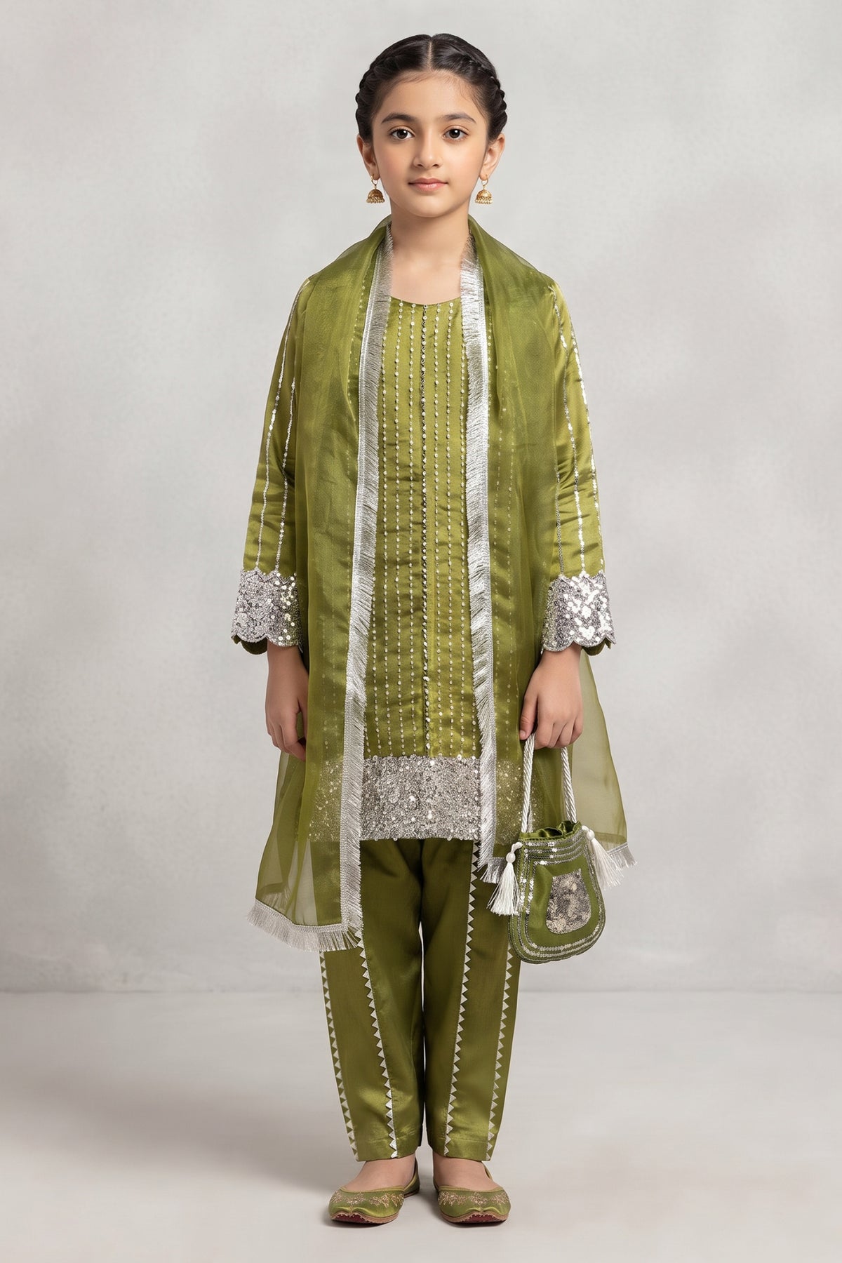 Kids 3 Piece Stitch Silk Suit with Palazzo & Potli Bag - C-Green