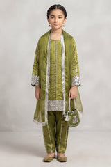 Kids 3 Piece Stitch Silk Suit with Palazzo & Potli Bag - C-Green