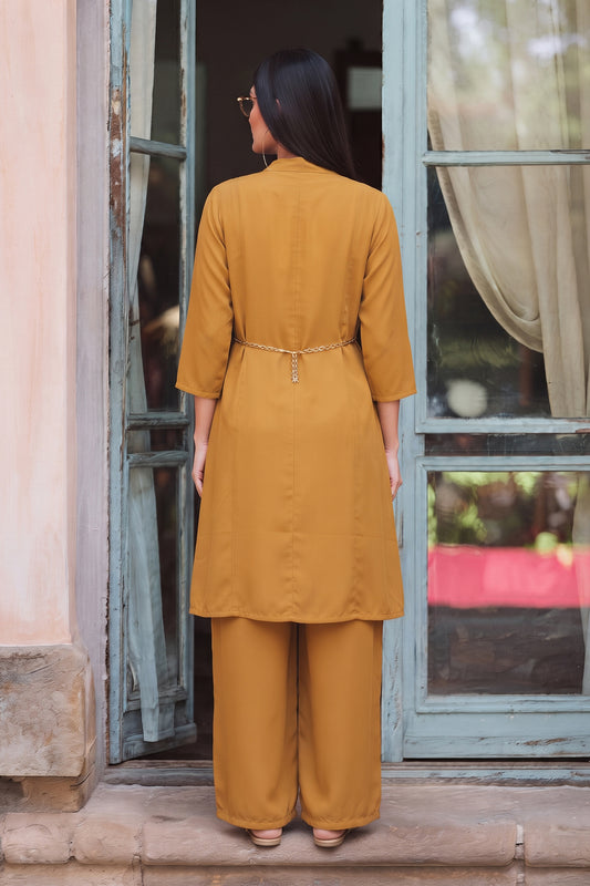 Stitch 2 Piece Chiffon Layered Kurti Suit Long Jacket - Mustard