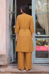 Stitch 2 Piece Chiffon Layered Kurti Suit Long Jacket - Mustard
