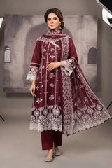 Bin Najeeb 3 Piece Stitch Embroidered Cotton Summer Suit - Maroon