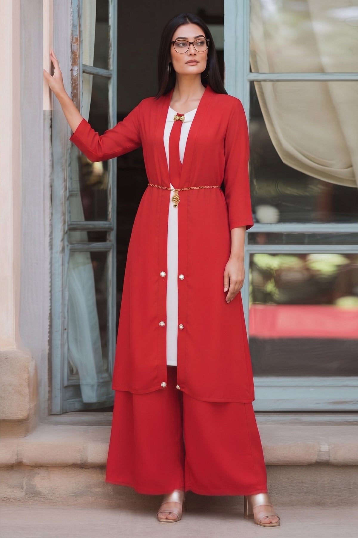 Stitch 2 Piece Chiffon Layered Kurti Suit Long Jacket - Maroon