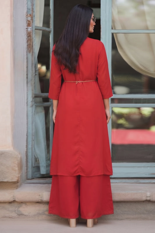 Stitch 2 Piece Chiffon Layered Kurti Suit Long Jacket - Maroon