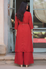 Stitch 2 Piece Chiffon Layered Kurti Suit Long Jacket - Maroon