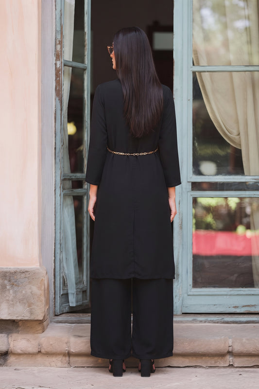 Stitch 2 Piece Chiffon Layered Kurti Suit Long Jacket - Black