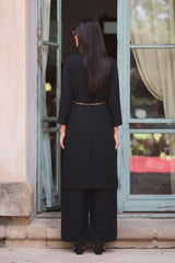 Stitch 2 Piece Chiffon Layered Kurti Suit Long Jacket - Black