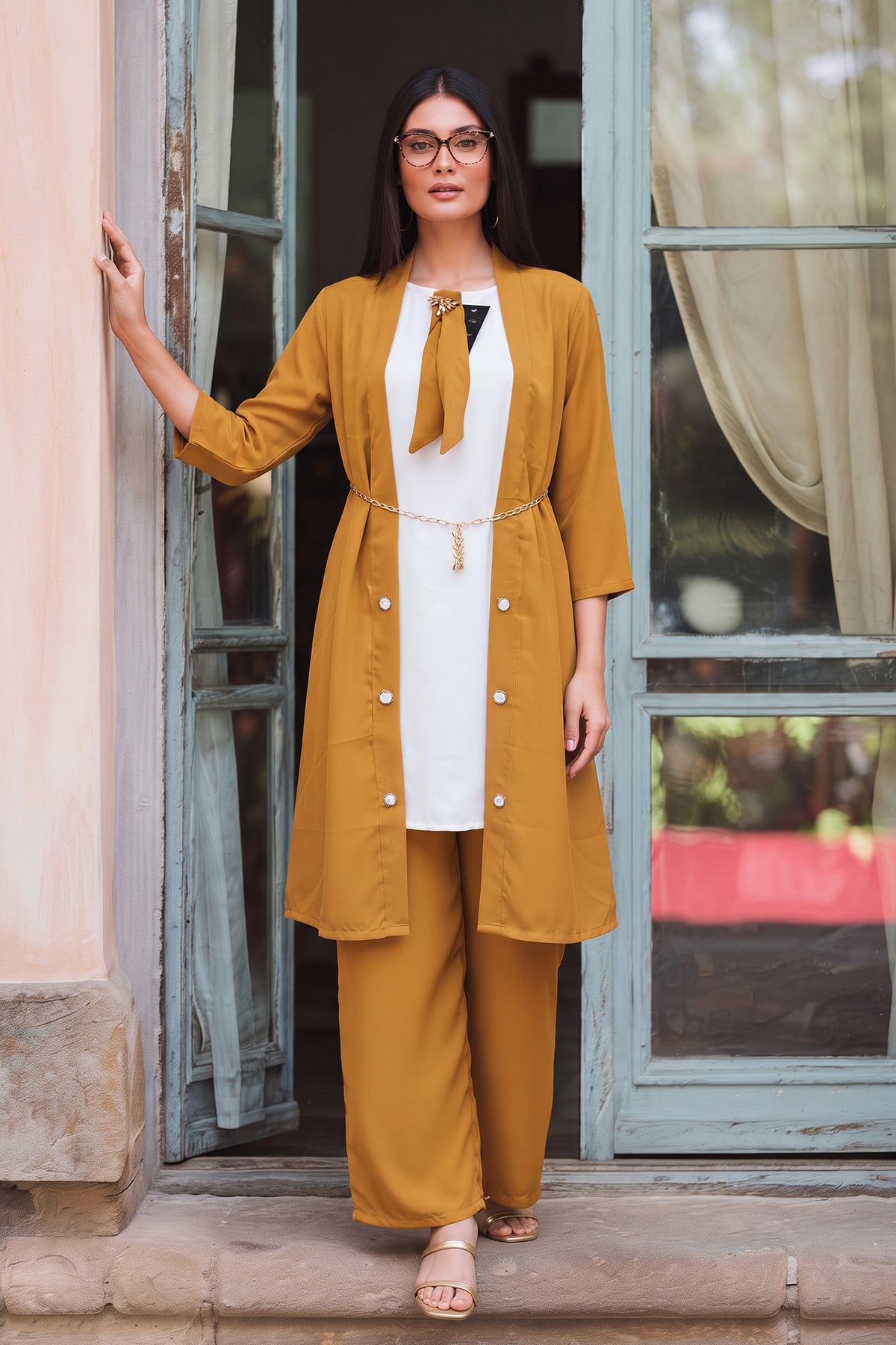 Stitch 2 Piece Chiffon Layered Kurti Suit Long Jacket - Mustard