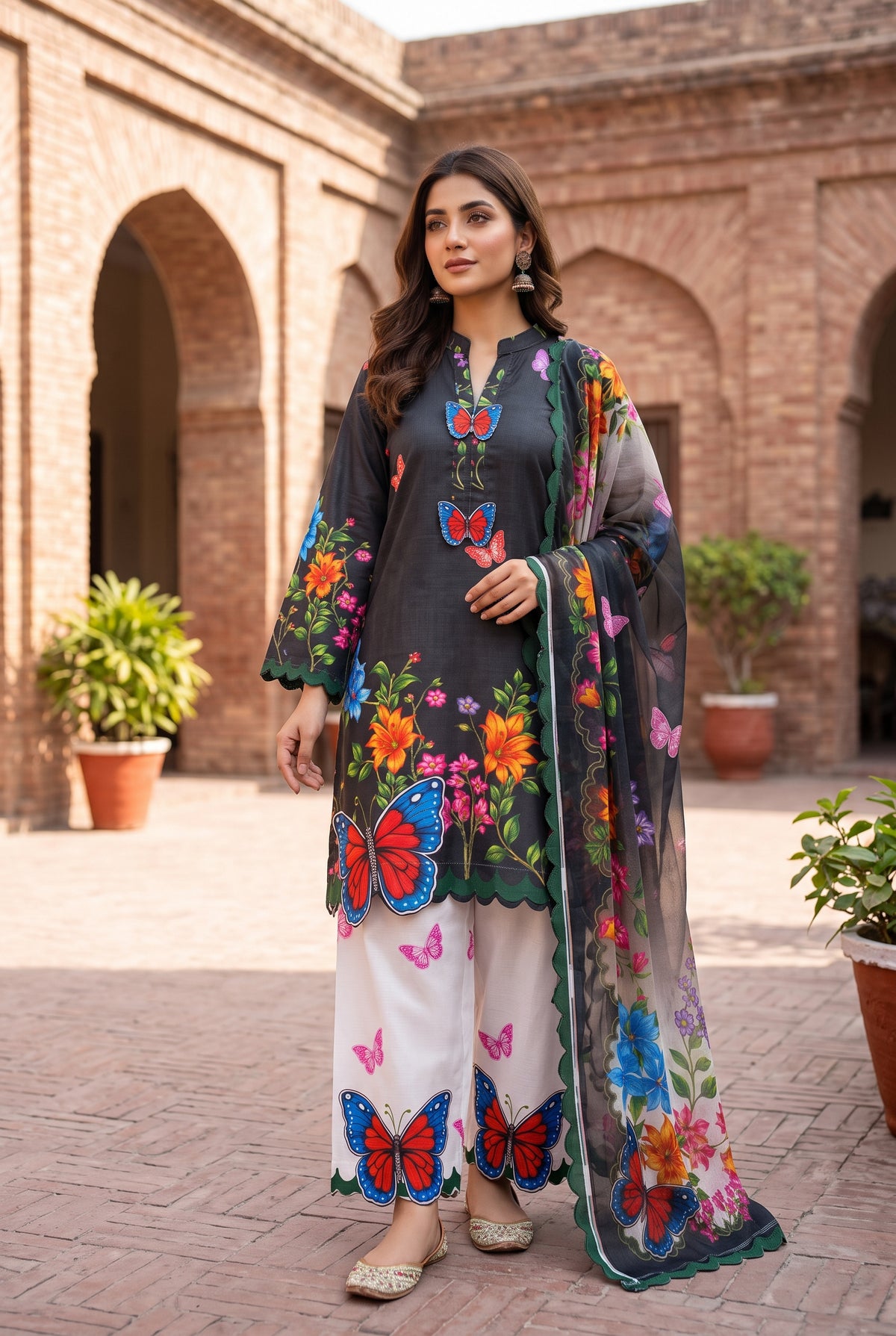 Bin Najeeb 3 Piece Stitch Cotton Summer Suit - Printed & butterfly motifs