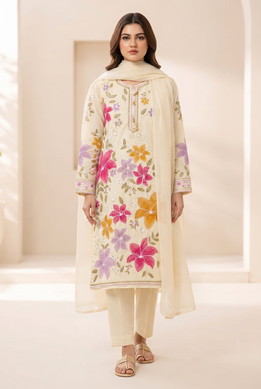 Stitched 3-Piece Floral Embroidery Summer Cotton Suit