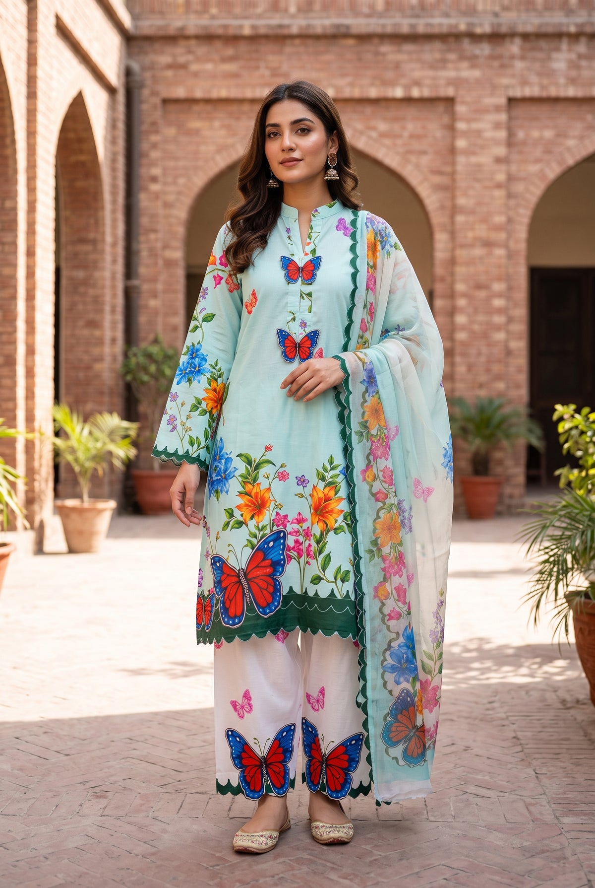 Bin Najeeb 3 Piece Stitch Cotton Summer Suit - Printed & butterfly motifs