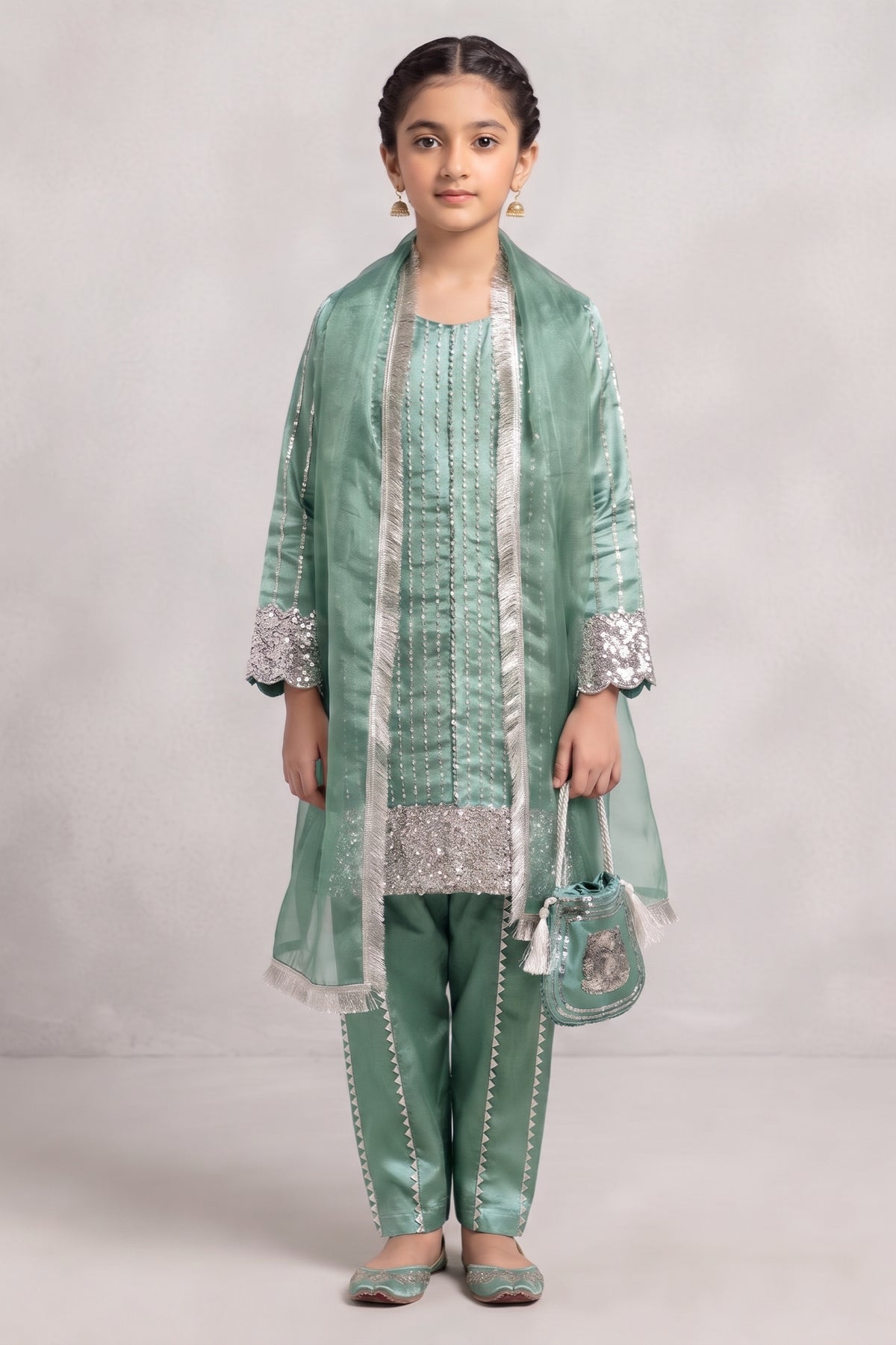 Kids 3 Piece Stitch Silk Suit with Palazzo & Potli Bag - Olive Green