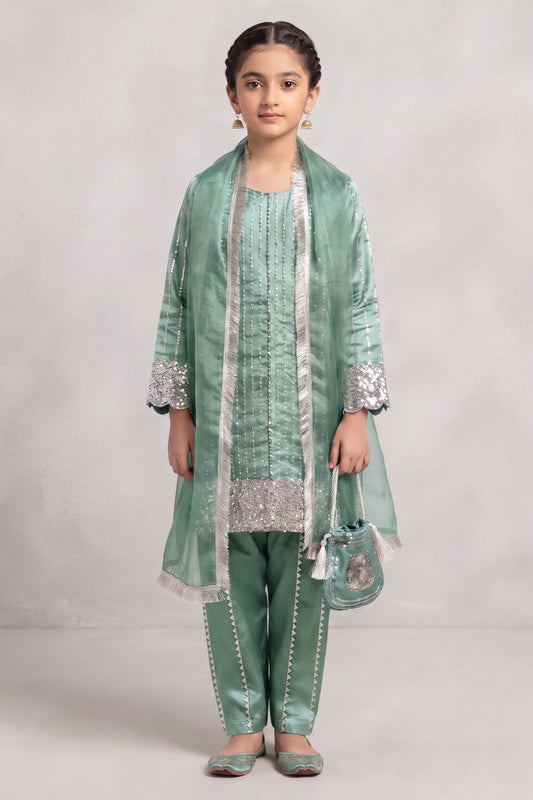 Kids 3 Piece Stitch Silk Suit with Palazzo & Potli Bag - Olive Green