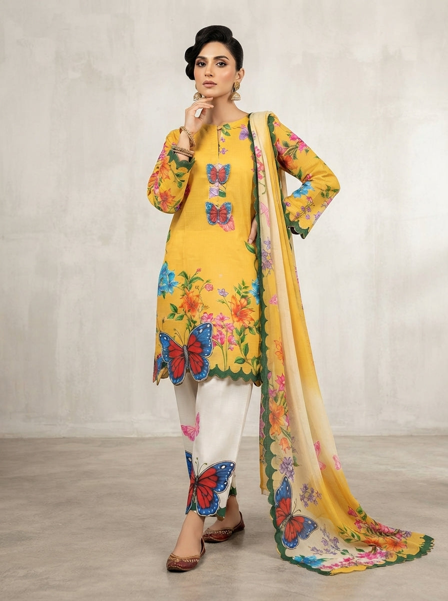 Bin Najeeb 3 Piece Stitch Cotton Summer Suit - Printed & butterfly motifs
