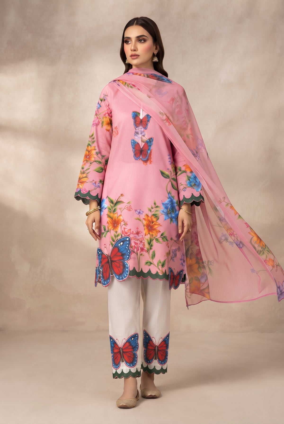 Bin Najeeb 3 Piece Stitch Cotton Summer Suit - Printed & butterfly motifs