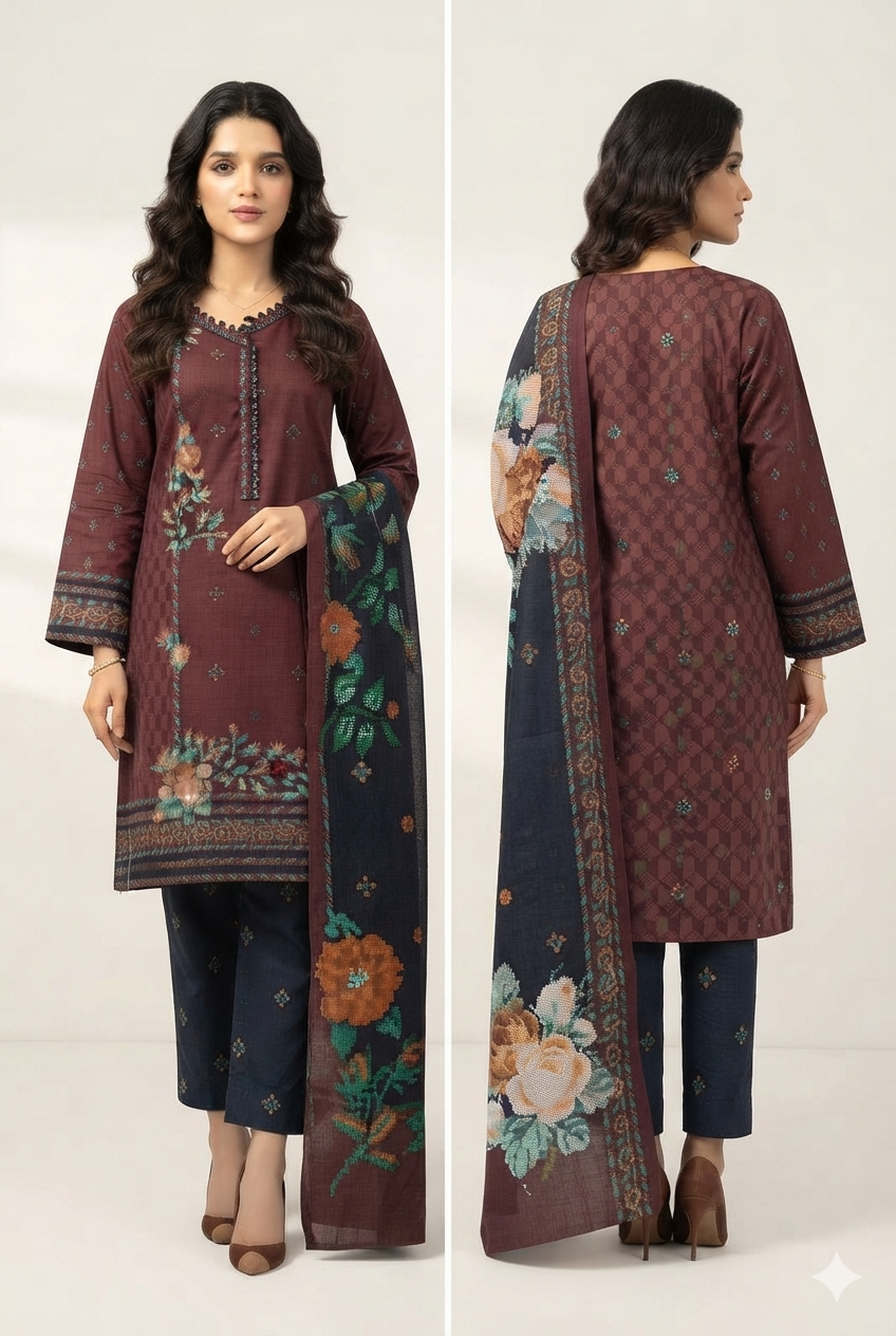 Bonanza Satrangi 3 piece Unstitched Printed Khaddar Suit - Winter